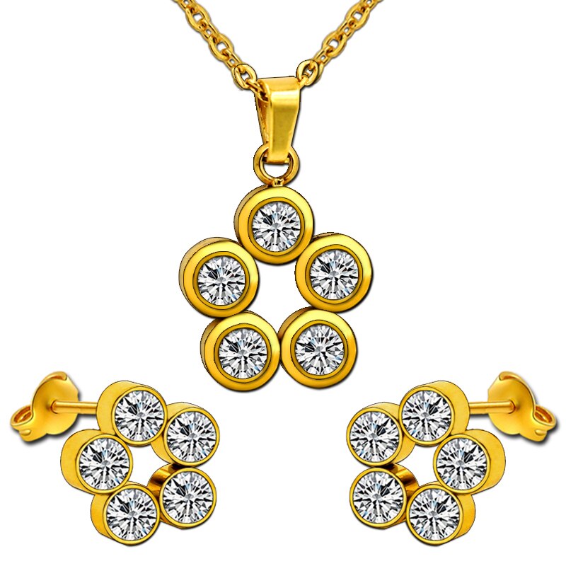 ASON 316L Stainless Steel Zircon Gold Bridal Wedding Jewelry Sets for Women Round Necklace Pendant Small Stud Earring asonjewelry